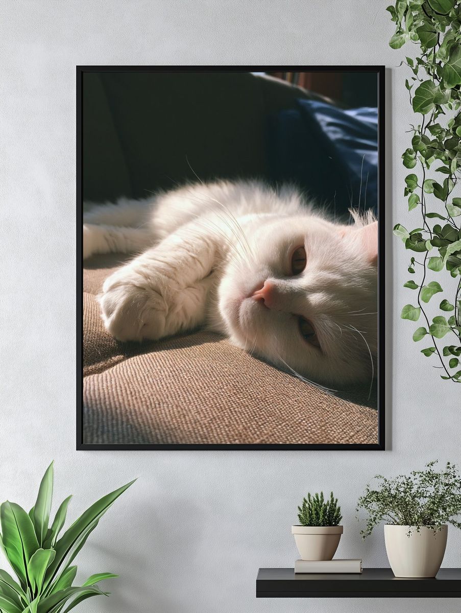 White Cat Sunlit Sofa Poster. — room view 4