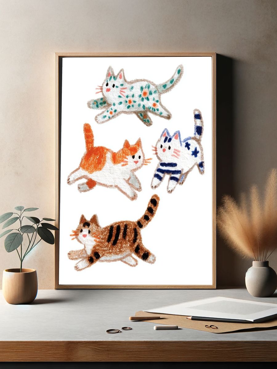Playful Cats Illustration Poster. — room view 2
