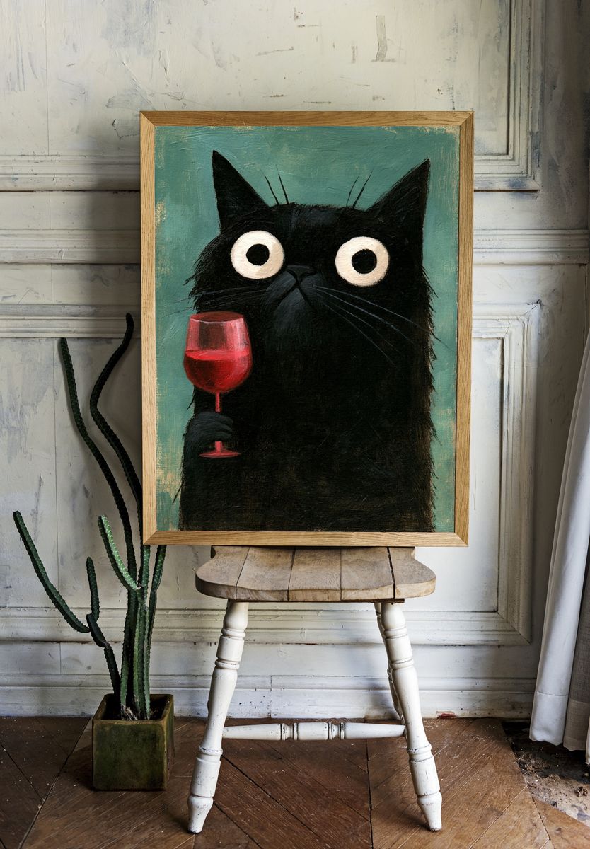Black Cat with Wine Illustration Poster. room preview