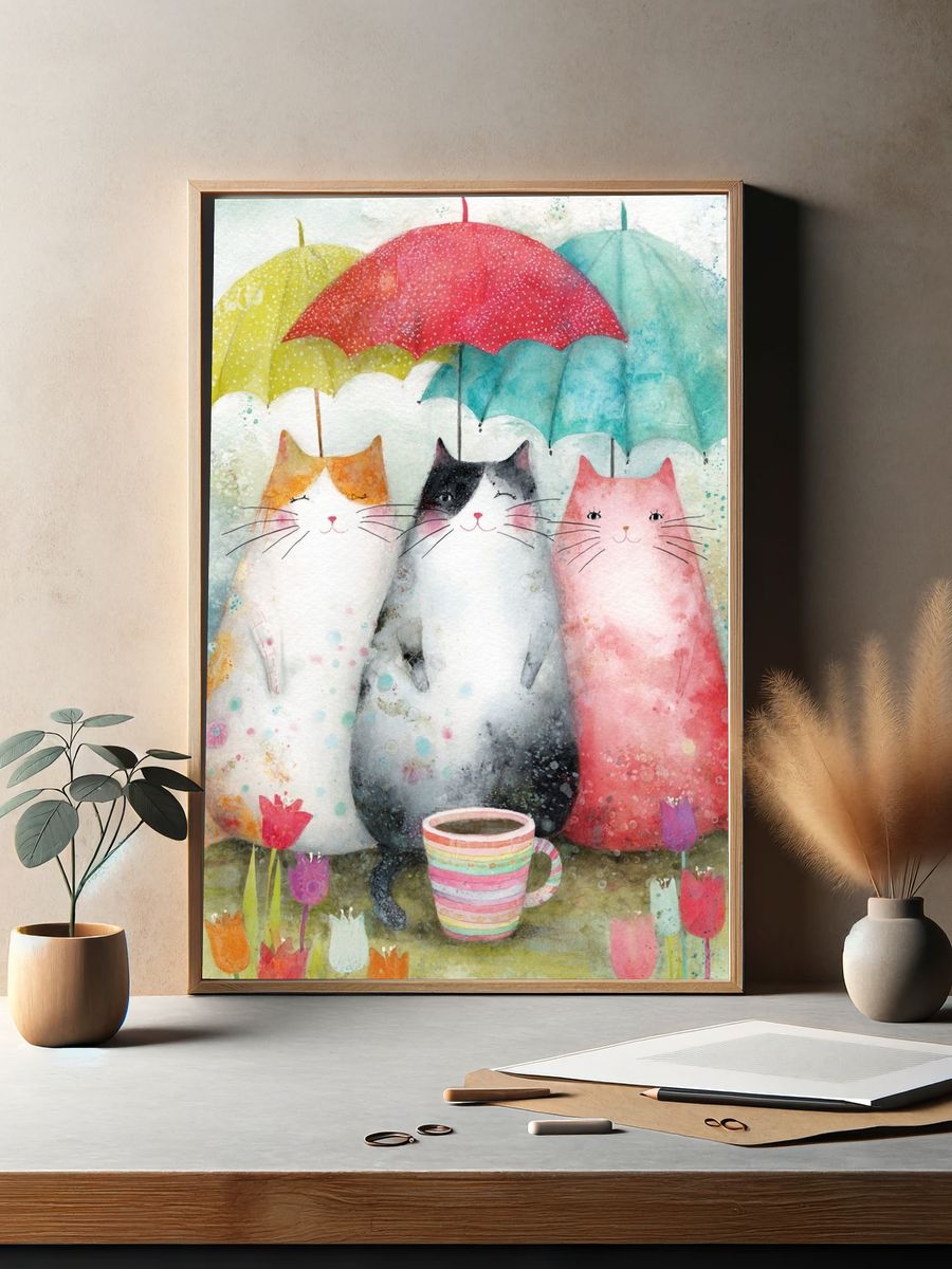 Cute Cats with Umbrellas — Watercolor Print. — room view 2