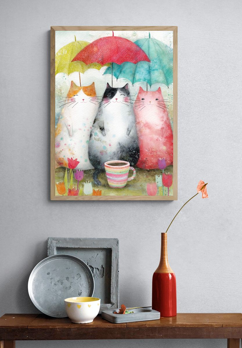 Cute Cats with Umbrellas — Watercolor Print. — room view 3
