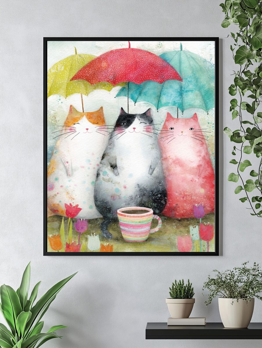 Cute Cats with Umbrellas — Watercolor Print. — room view 4