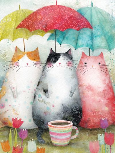 Cute Cats with Umbrellas — Watercolor Print. poster print