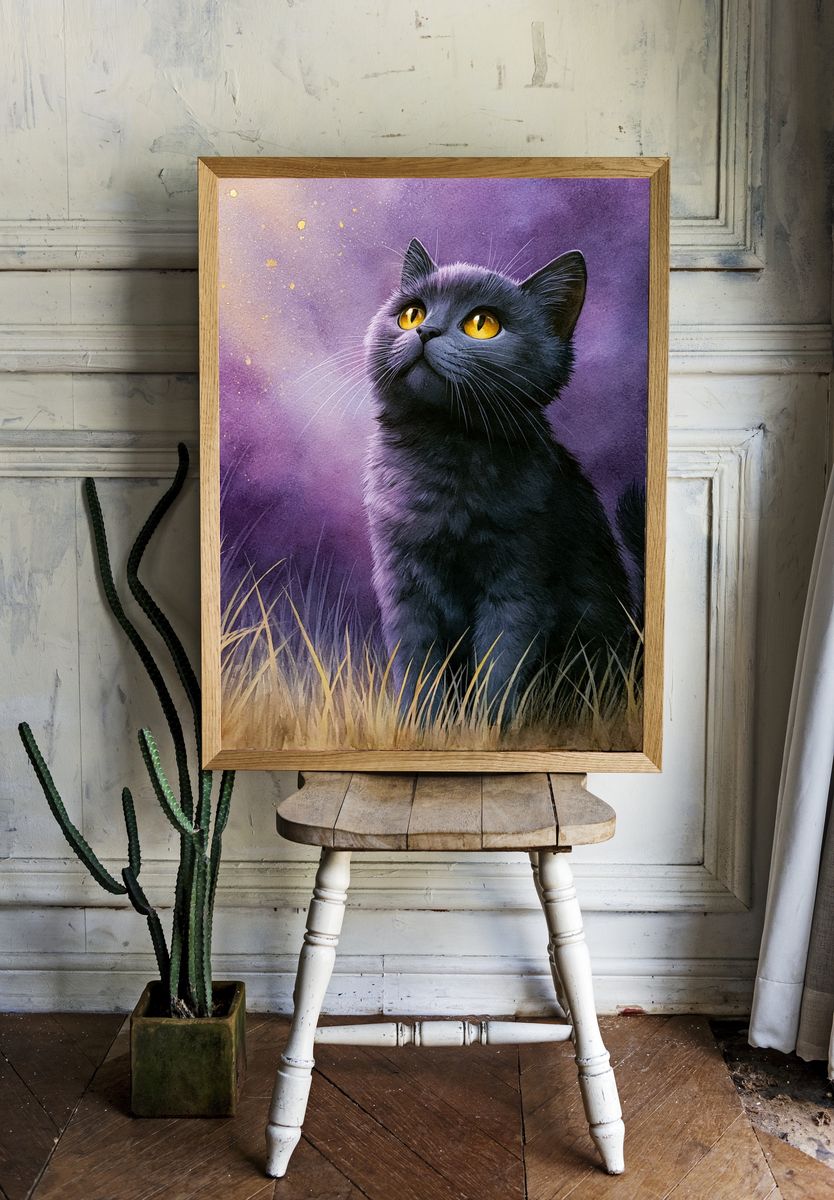 Black Cat Moonlit Portrait Poster. room preview
