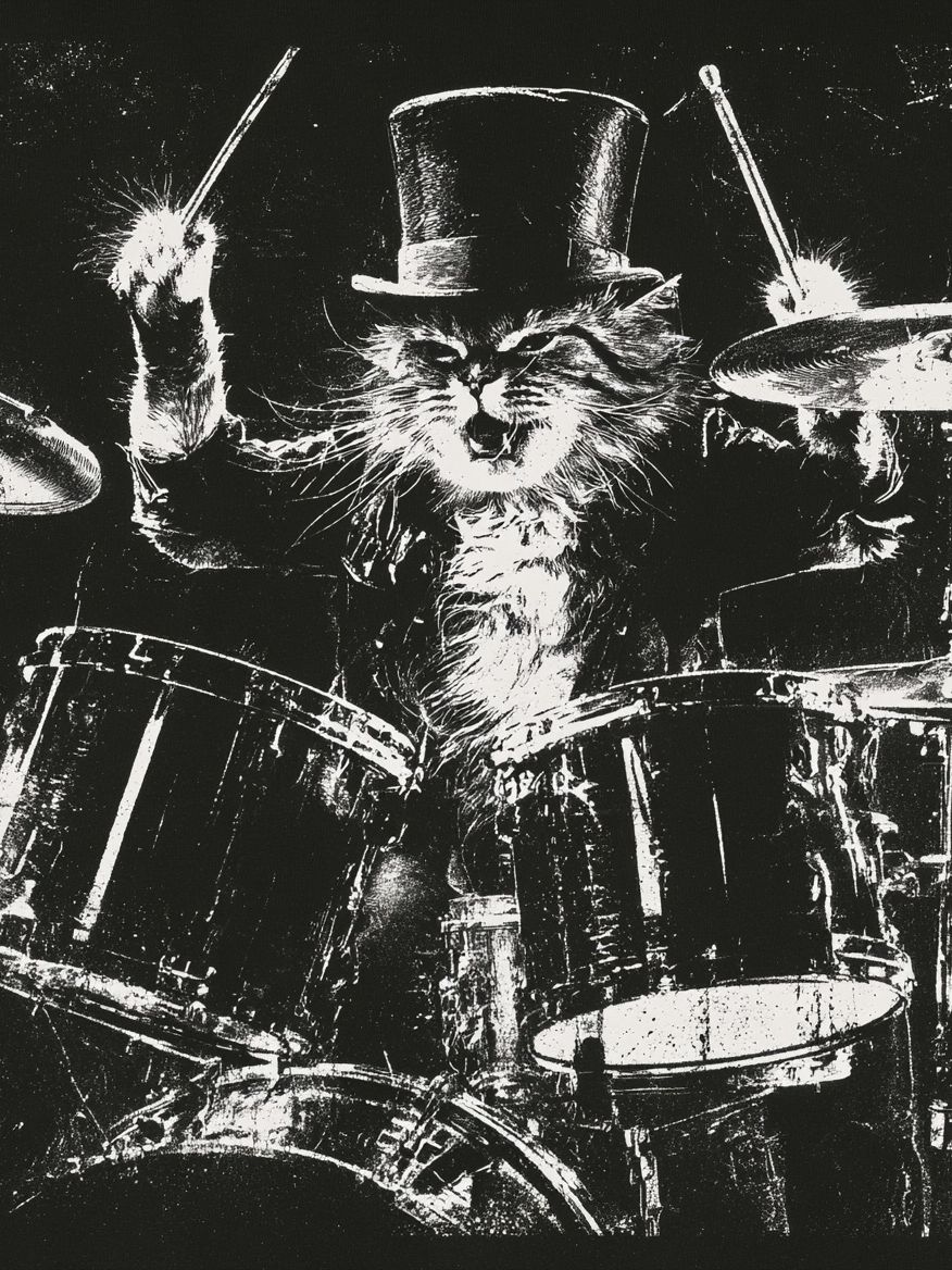 Drumming Cat Black-White Poster. poster detail
