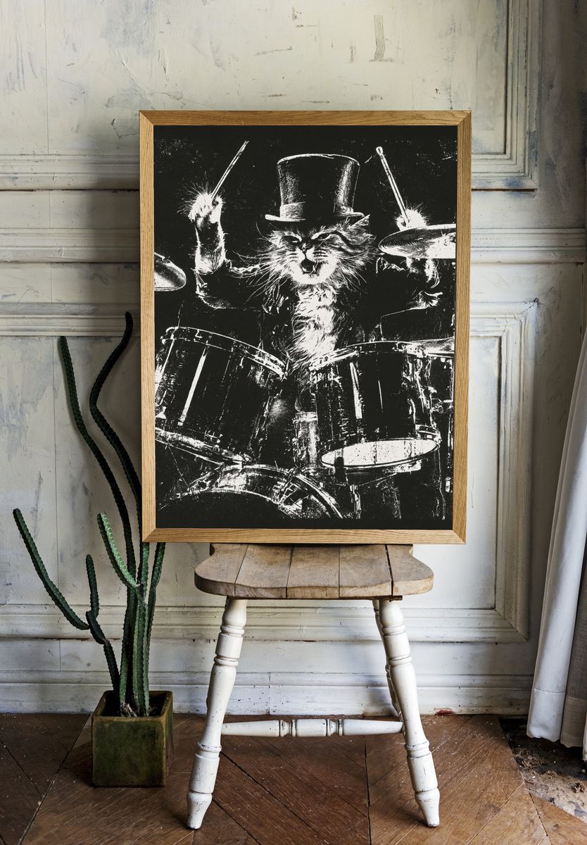 Drumming Cat Black-White Poster. room preview