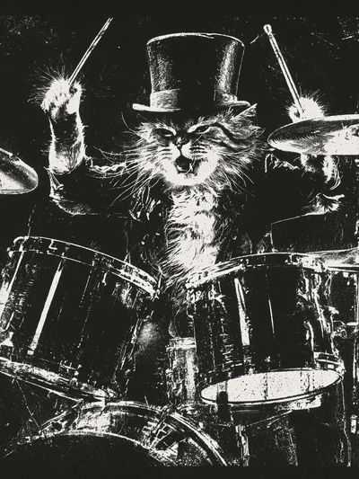 Drumming Cat Black-White Poster.