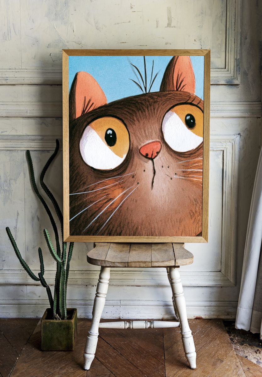 Curious Cat Watercolor Poster. — room view 1