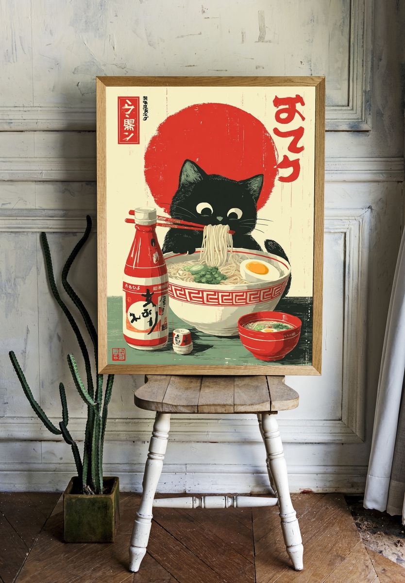 Japanese Cat Ramen Vintage Print. room preview