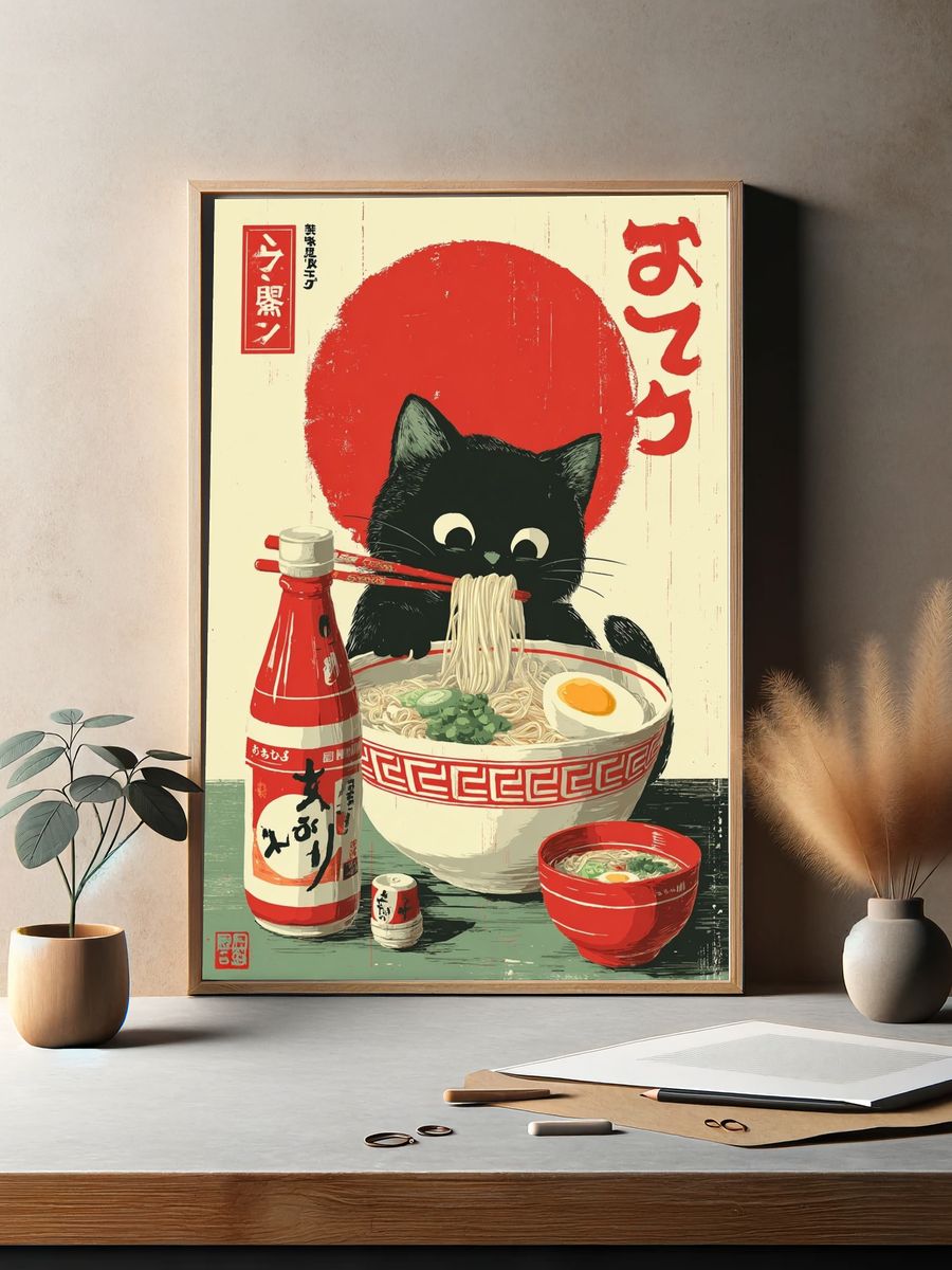 Japanese Cat Ramen Vintage Print. — room view 2