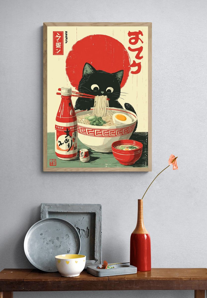 Japanese Cat Ramen Vintage Print. — room view 3