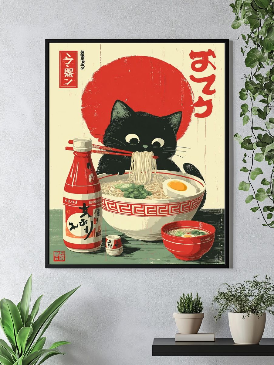 Japanese Cat Ramen Vintage Print. — room view 4