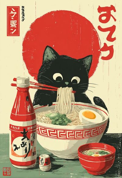 Japanese Cat Ramen Vintage Print. poster
