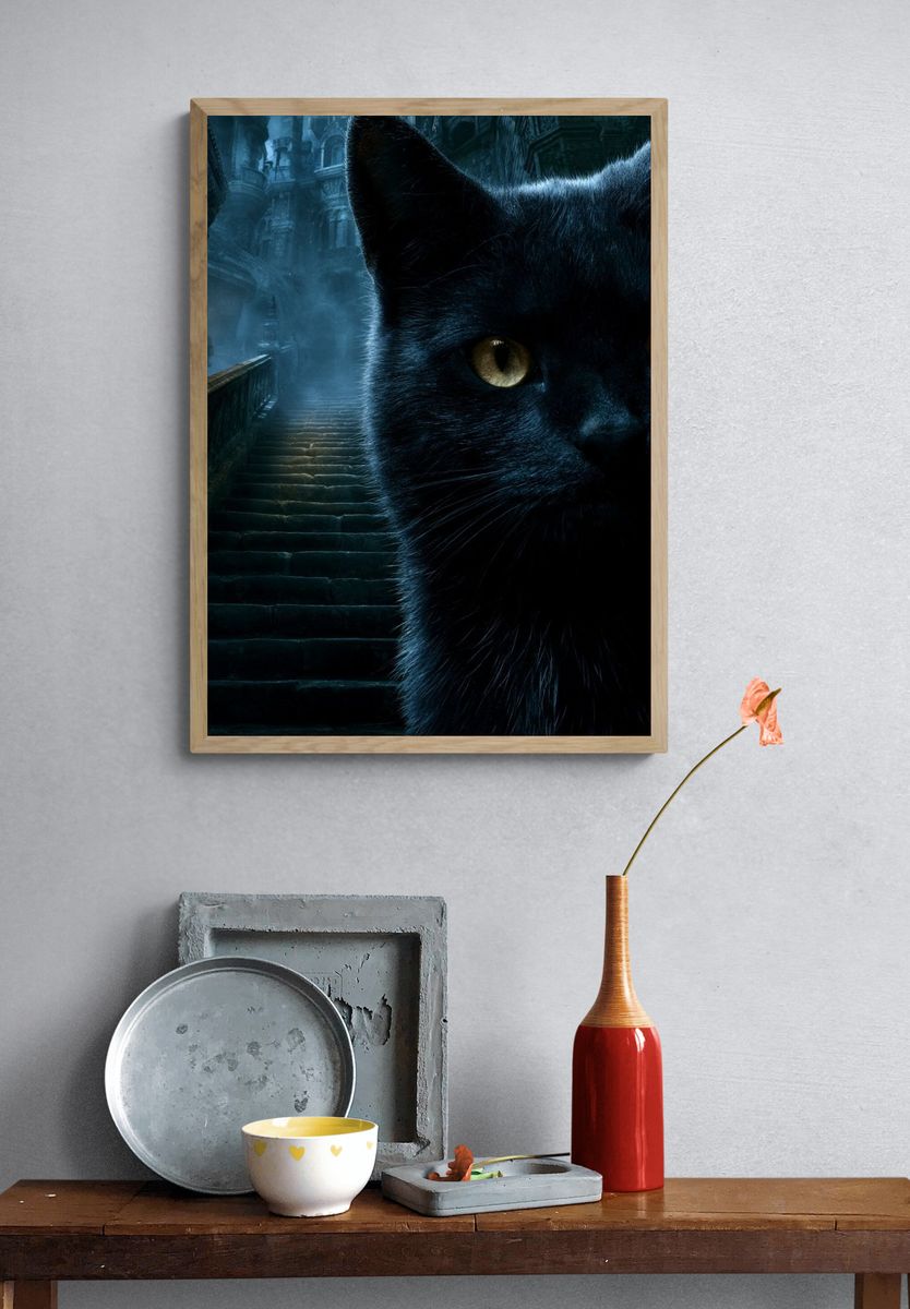 Black Cat Gothic Stairway Poster. — room view 3