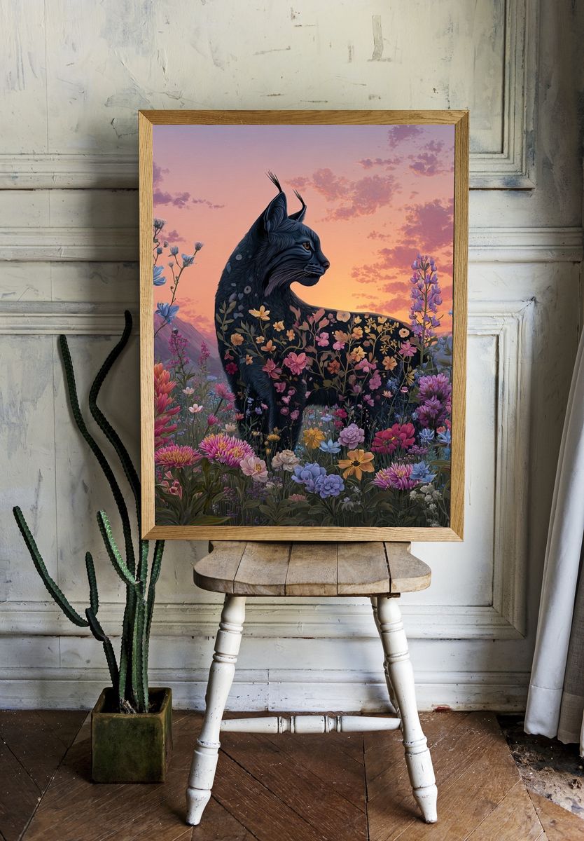 Floral Black Cat Sunset Poster. room preview