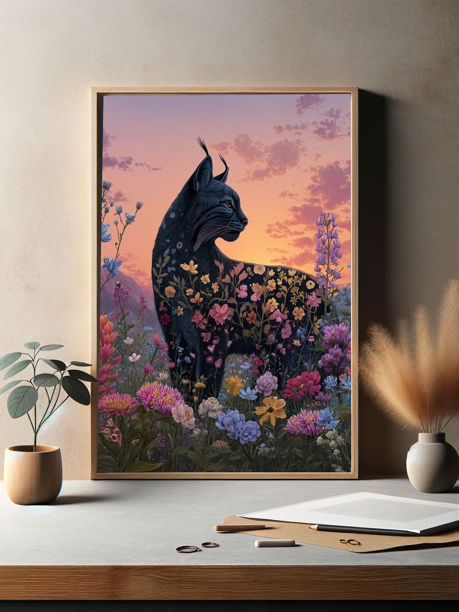 Floral Black Cat Sunset Poster. — room view 2