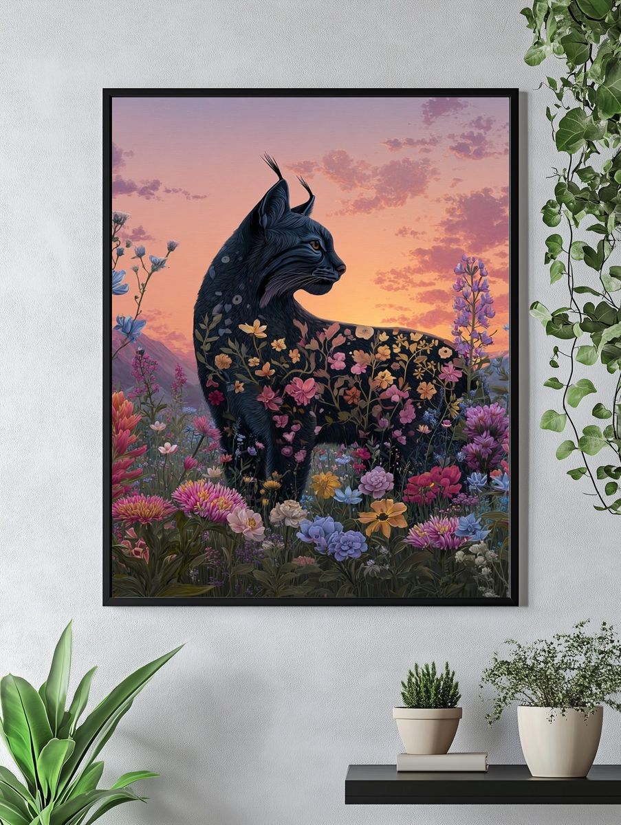 Floral Black Cat Sunset Poster. — room view 4