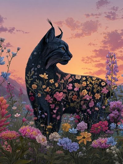 Floral Black Cat Sunset Poster.