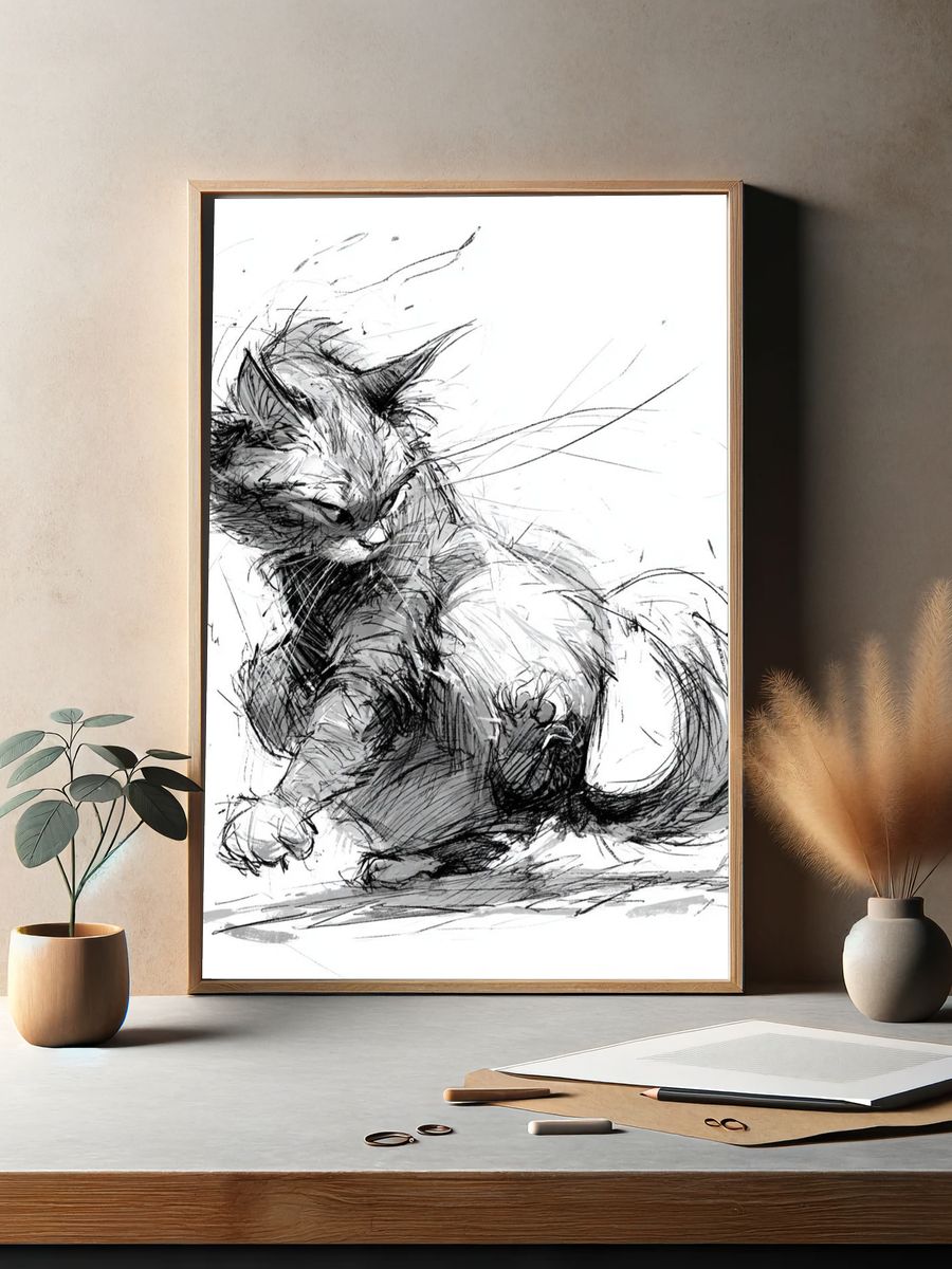 Playful Cat Sketch Poster. — room view 2