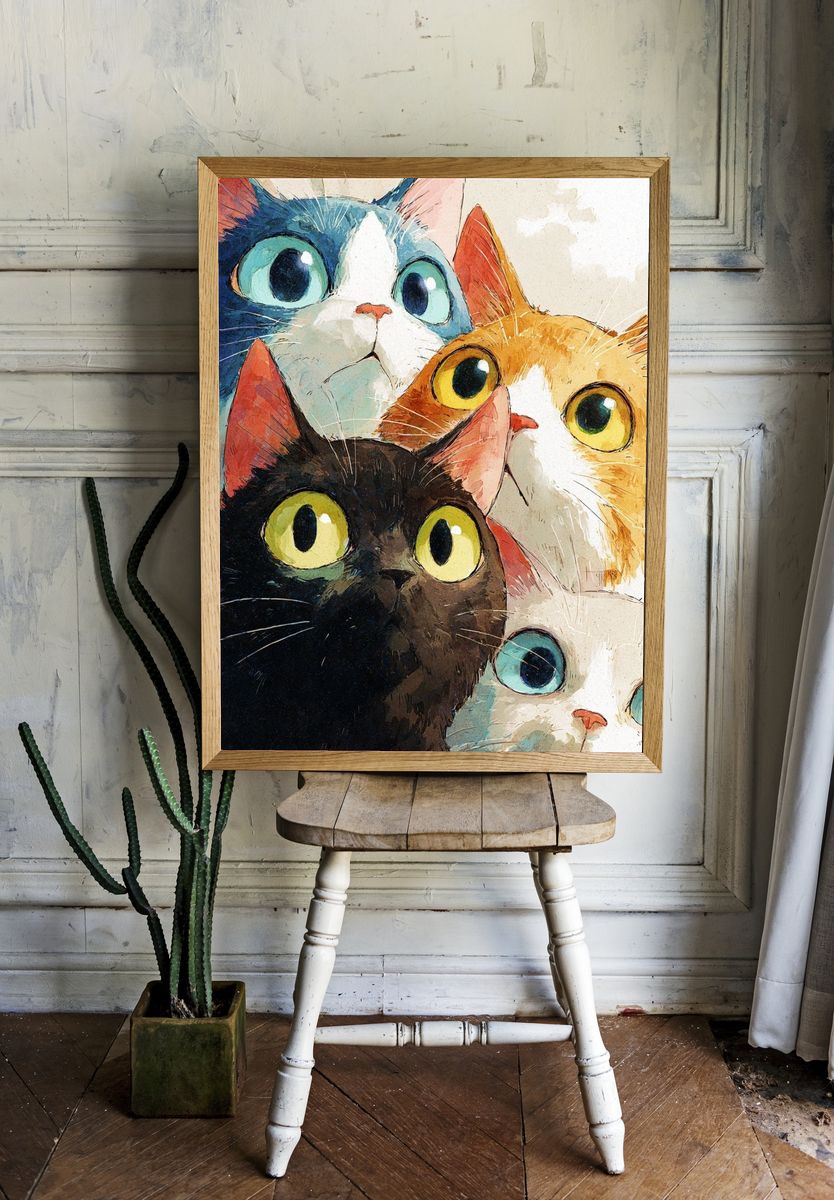 Curious Cats Watercolor Poster. — room view 1