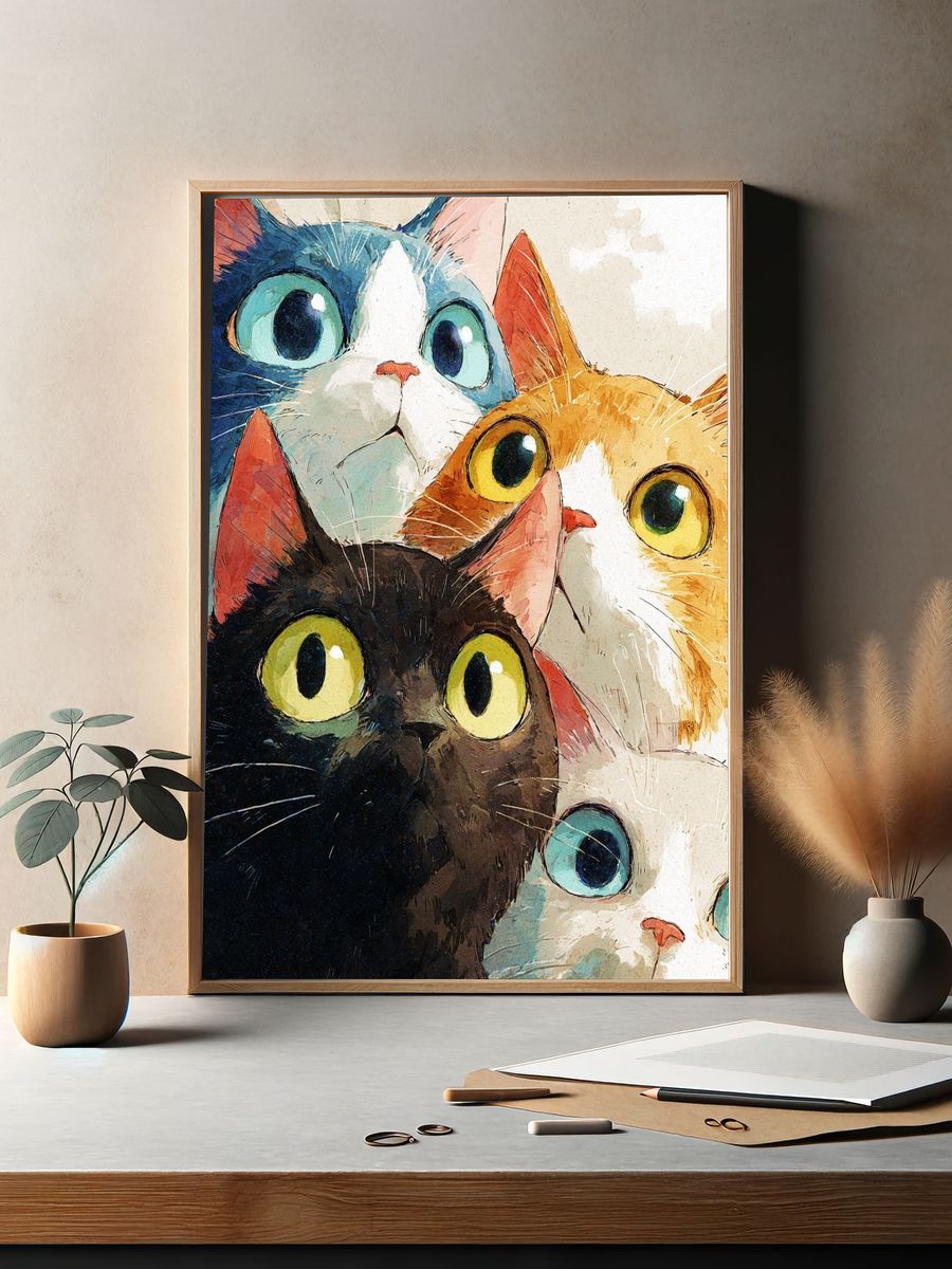 Curious Cats Watercolor Poster. — room view 2