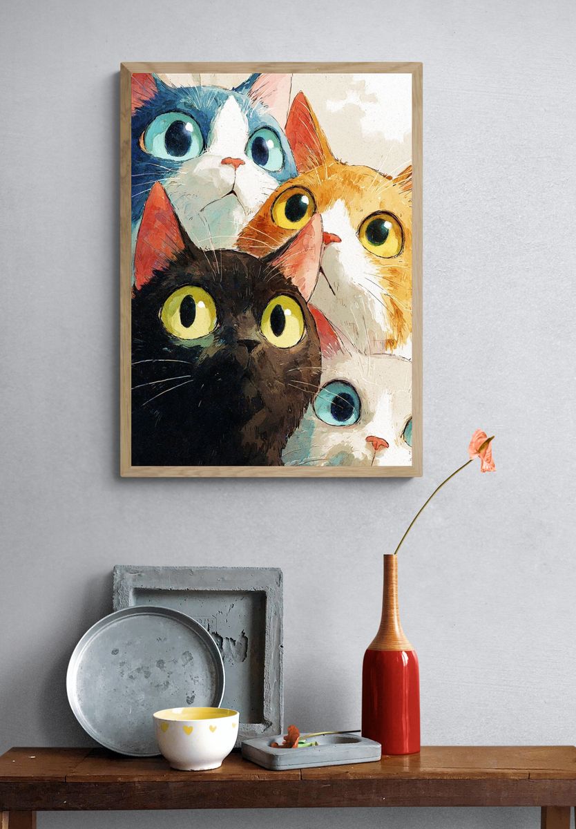Curious Cats Watercolor Poster. — room view 3