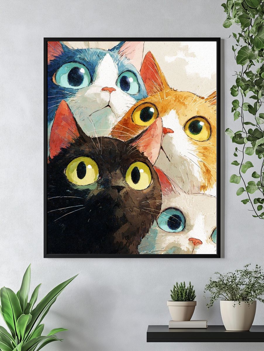 Curious Cats Watercolor Poster. — room view 4