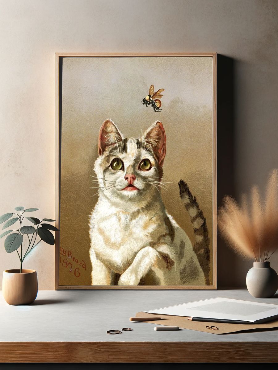Curious Cat and Bee — Vintage Print. — room view 2