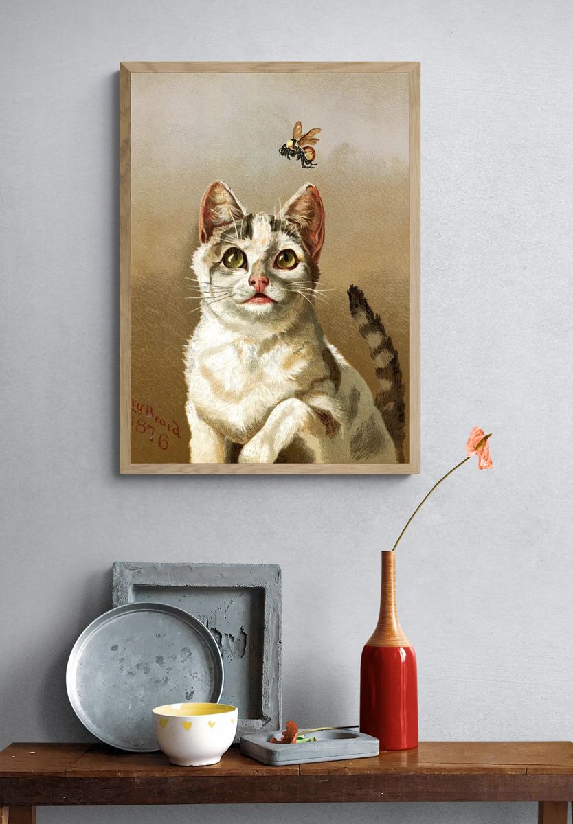 Curious Cat and Bee — Vintage Print. — room view 3