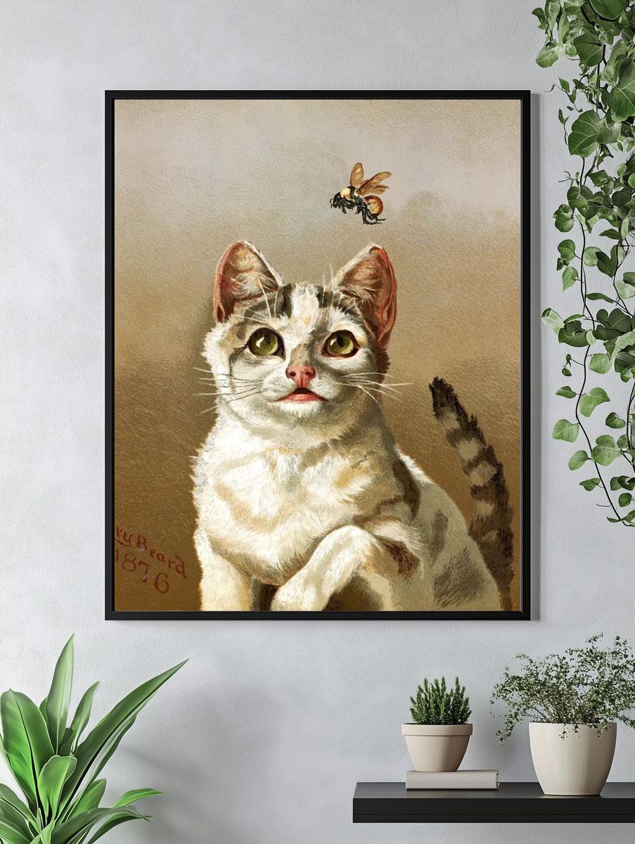 Curious Cat and Bee — Vintage Print. — room view 4