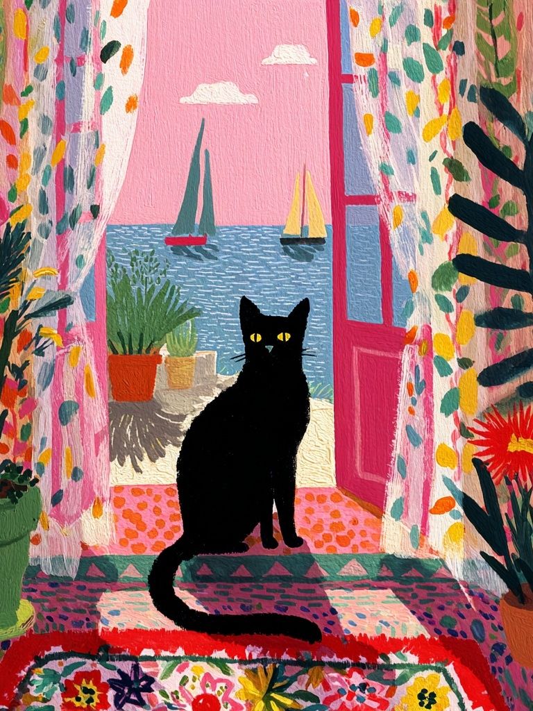 Black Cat by the Sea Illustration Poster. poster detail