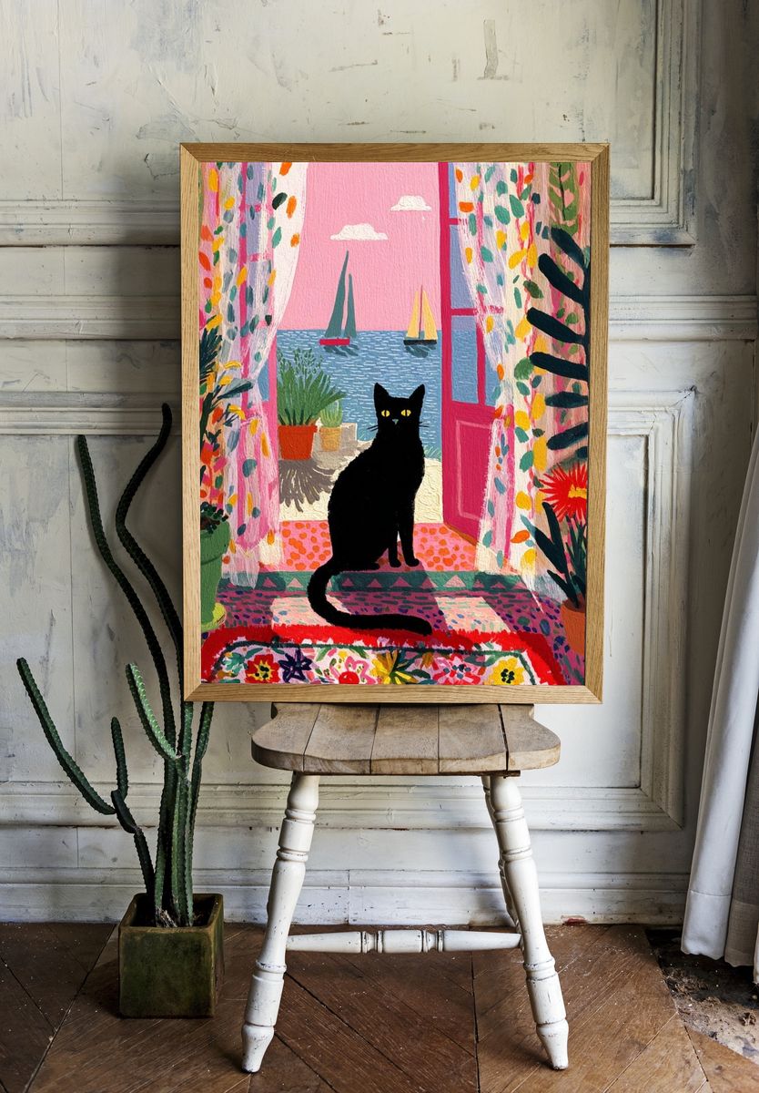 Black Cat by the Sea Illustration Poster. room preview
