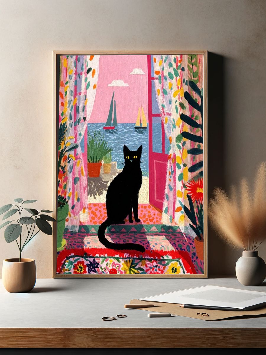 Black Cat by the Sea Illustration Poster. — room view 2