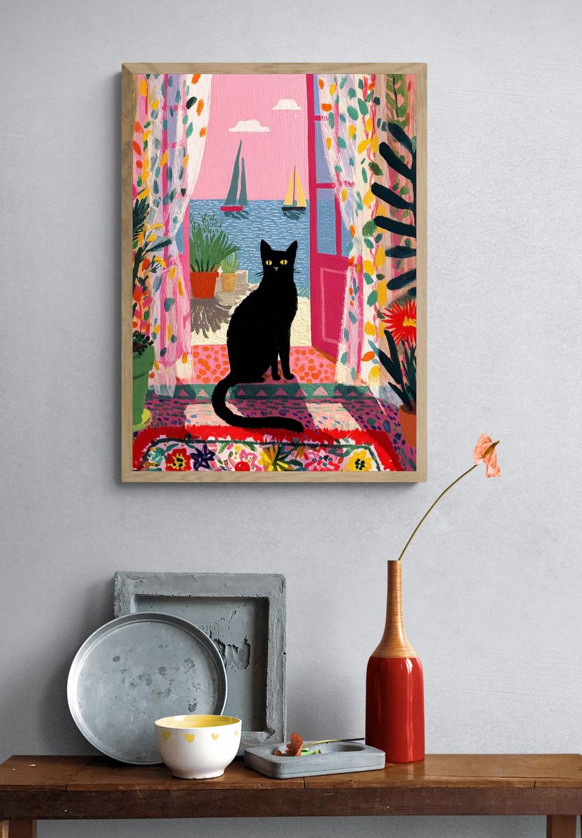 Black Cat by the Sea Illustration Poster. — room view 3