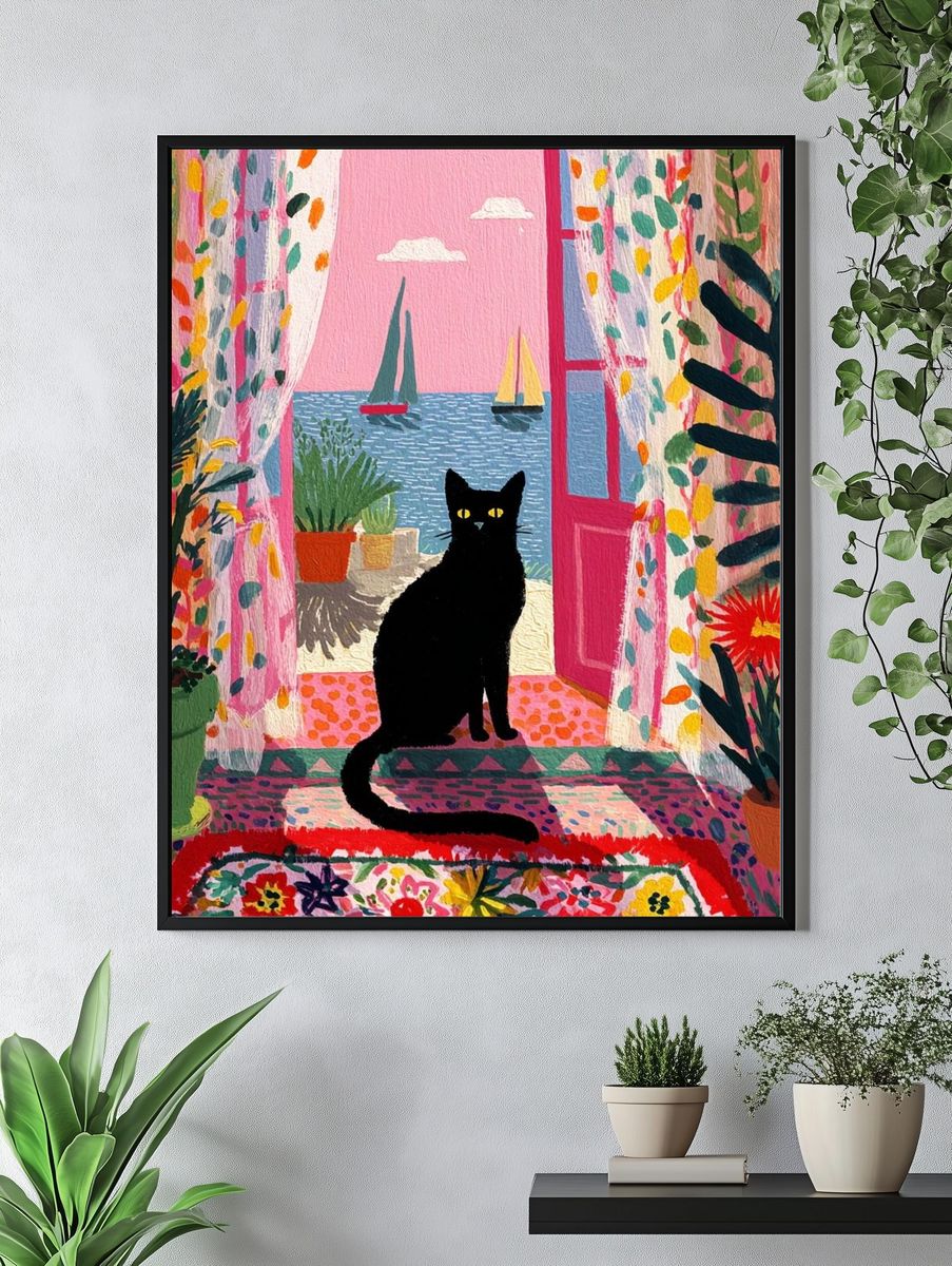 Black Cat by the Sea Illustration Poster. — room view 4