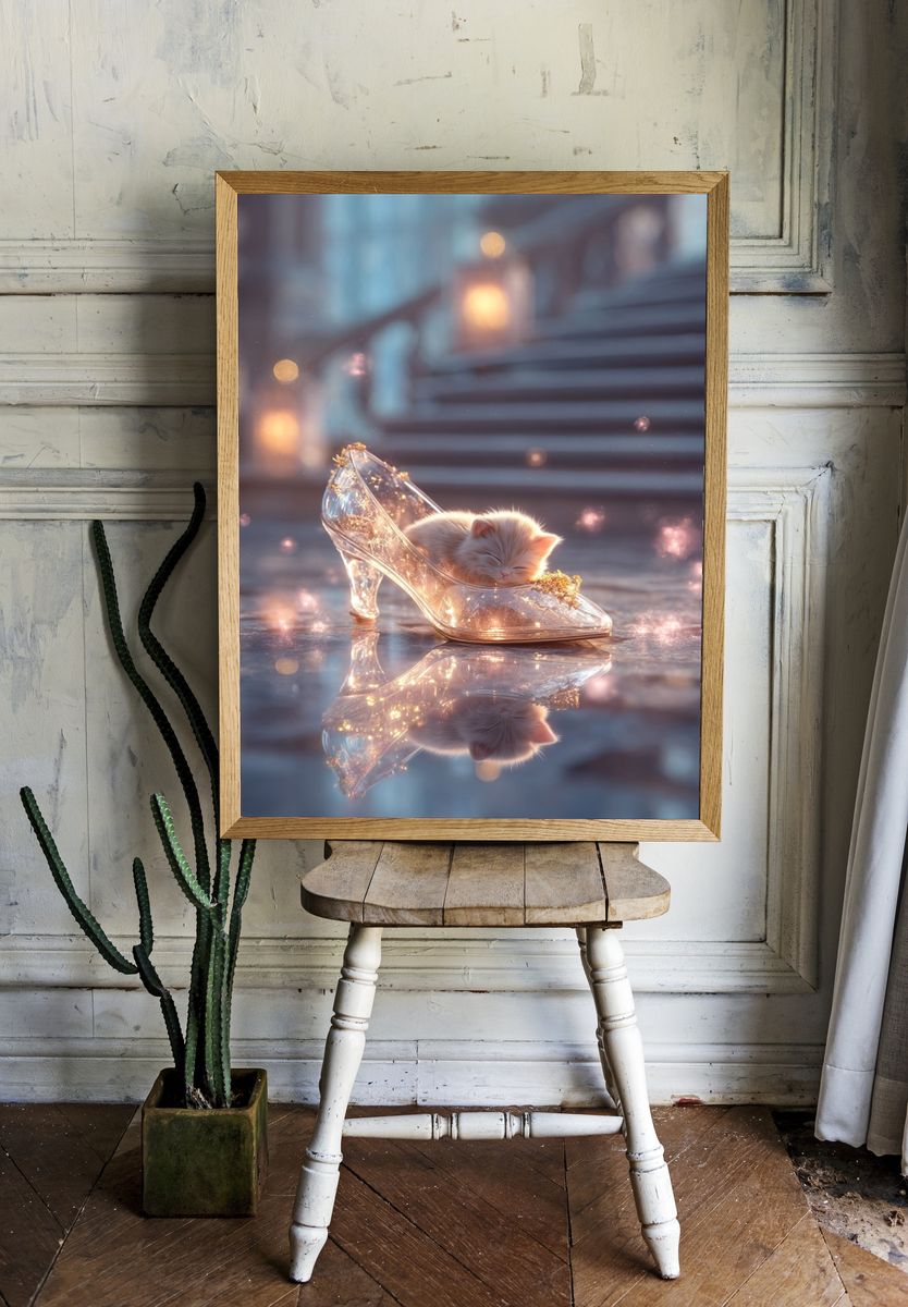 Sleeping Kitten Glass Slipper Print. room preview
