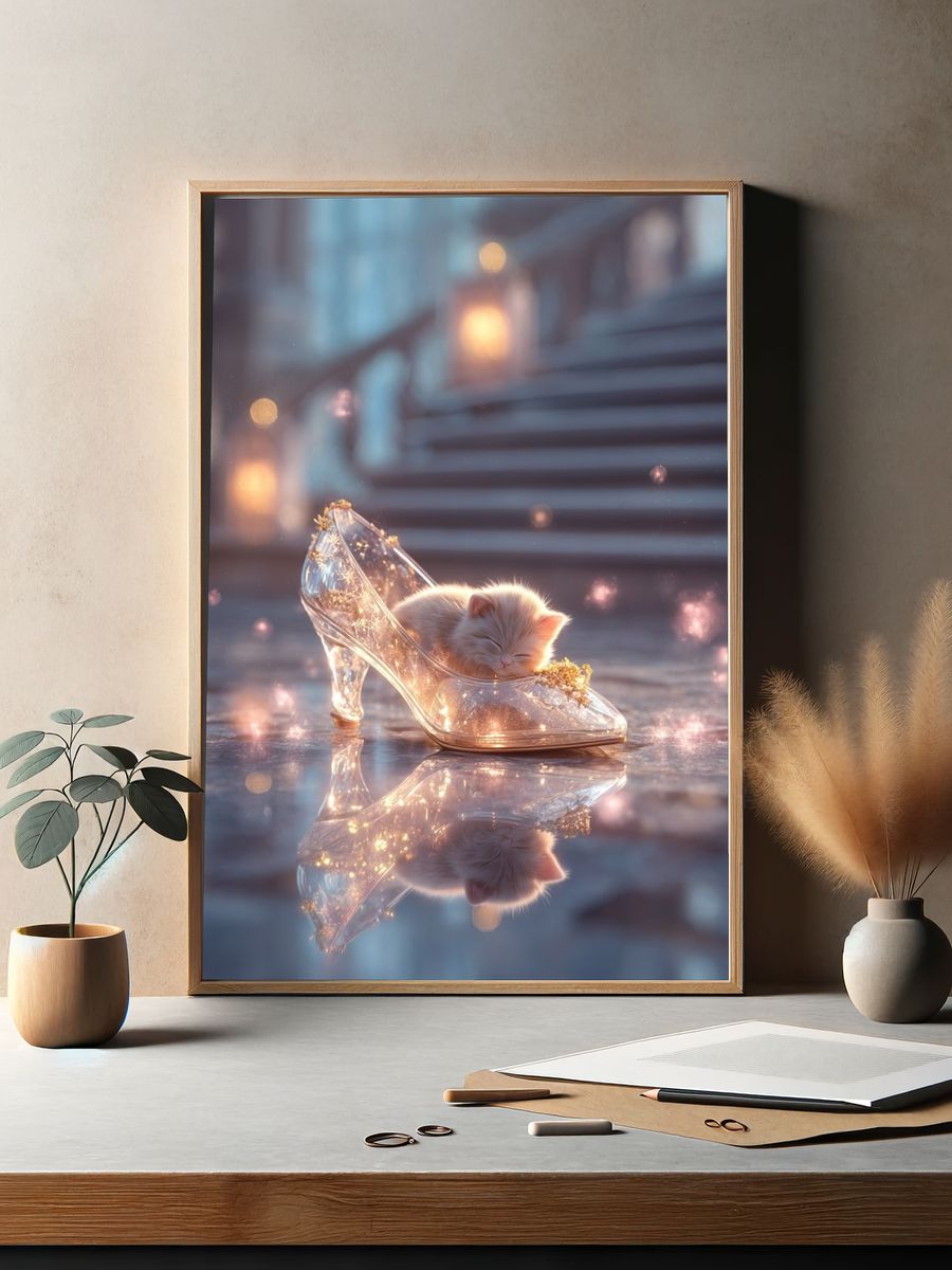 Sleeping Kitten Glass Slipper Print. — room view 2