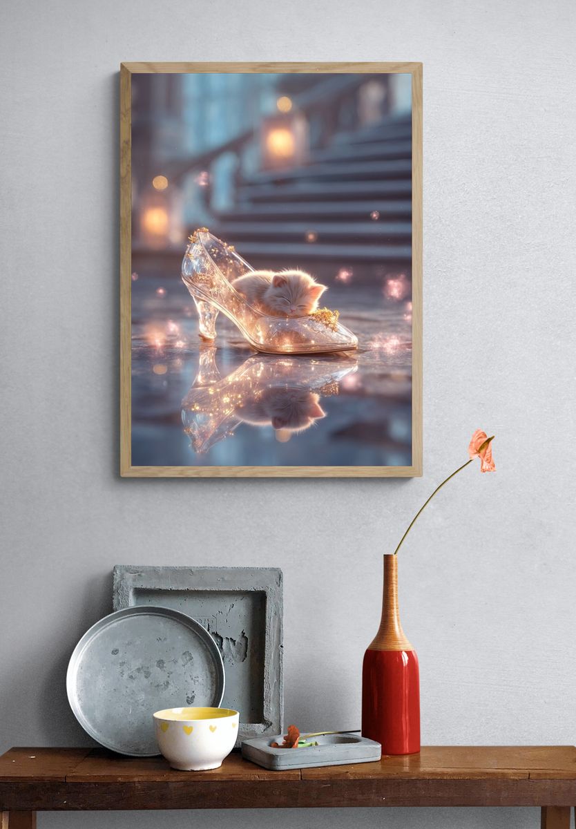 Sleeping Kitten Glass Slipper Print. — room view 3
