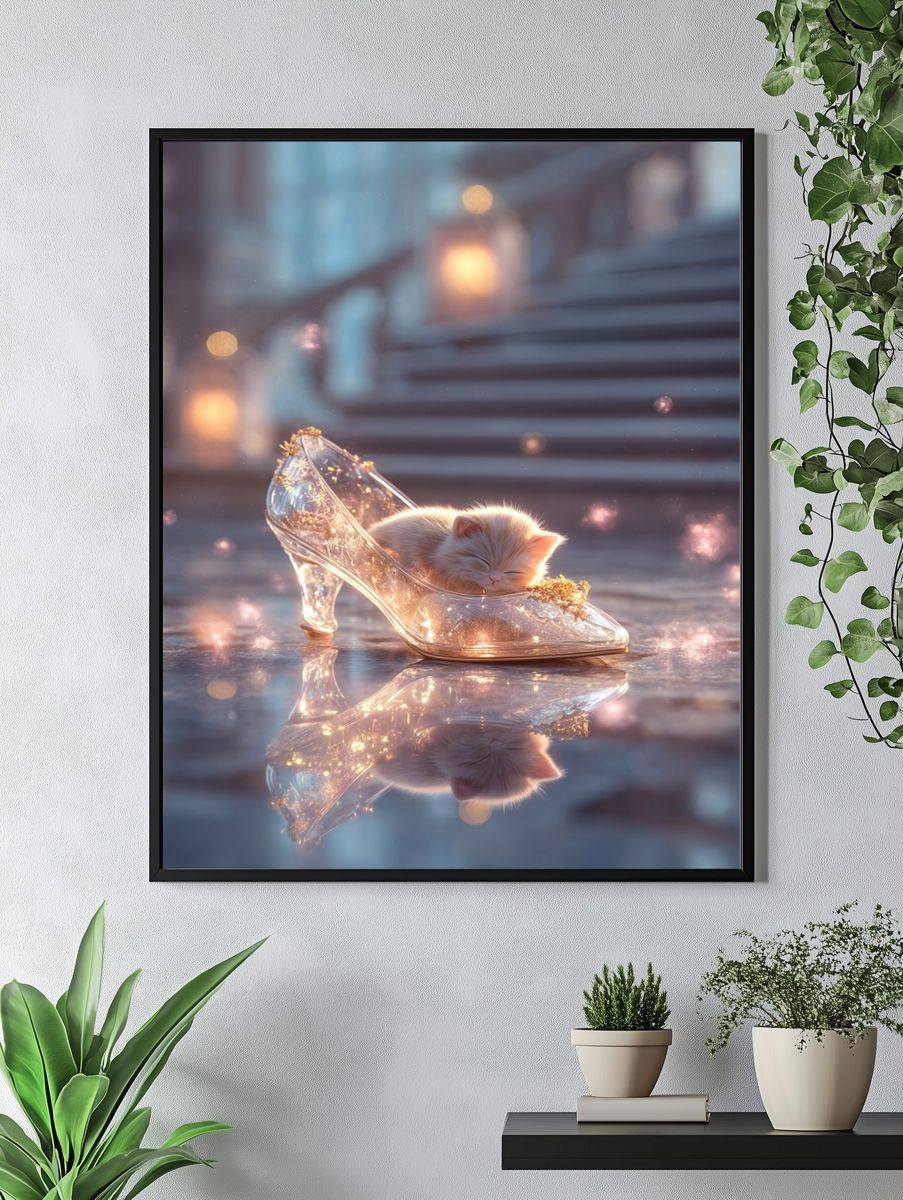 Sleeping Kitten Glass Slipper Print. — room view 4