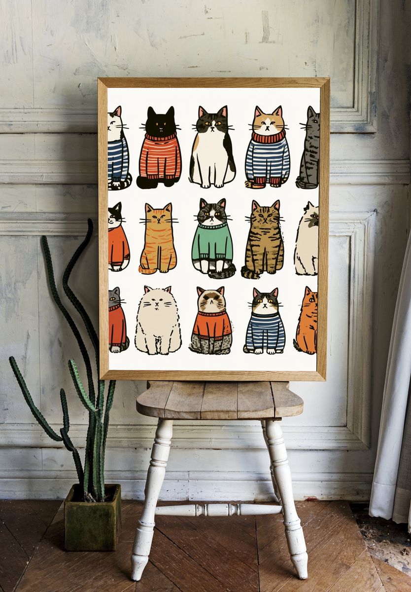 Striped Cats Illustration Poster. — room view 1