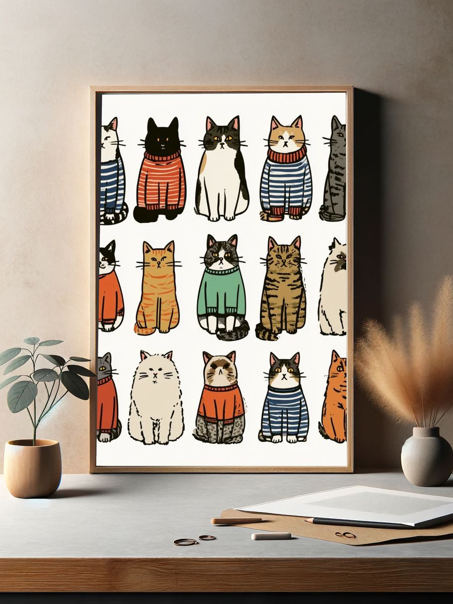 Striped Cats Illustration Poster. — room view 2