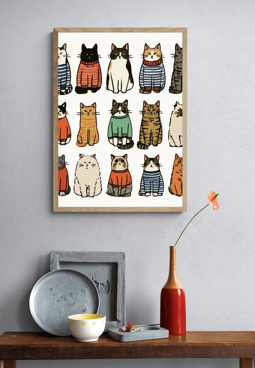 Striped Cats Illustration Poster. — room view 3