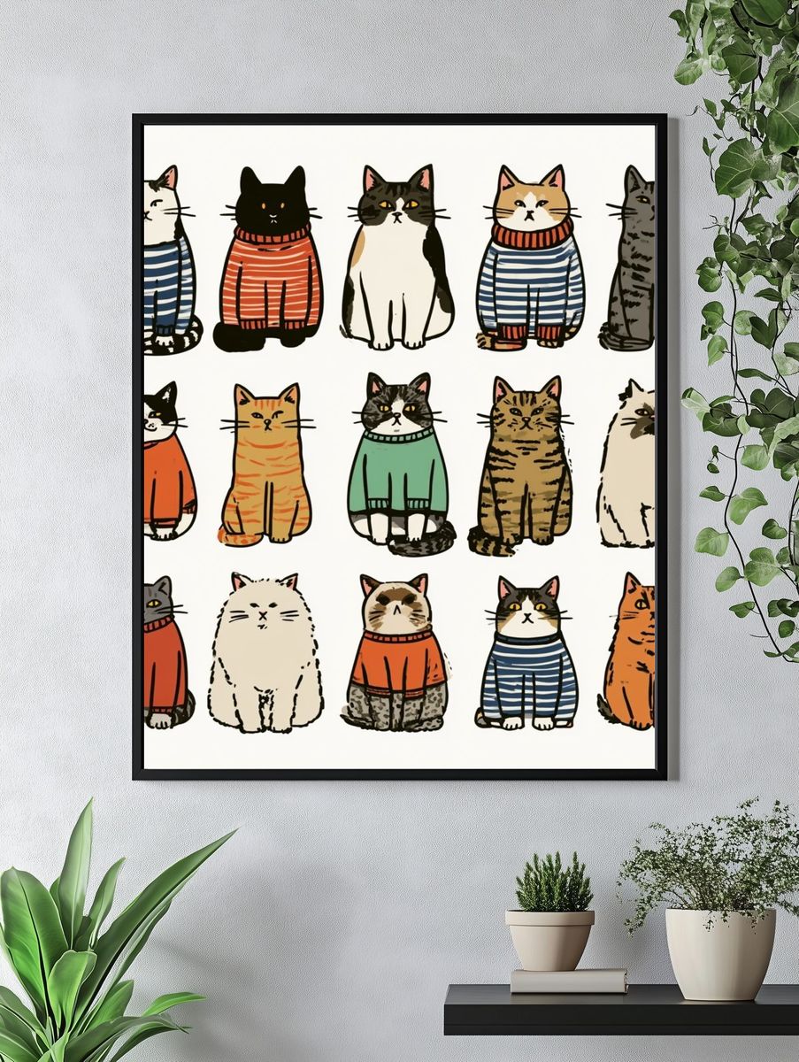 Striped Cats Illustration Poster. — room view 4