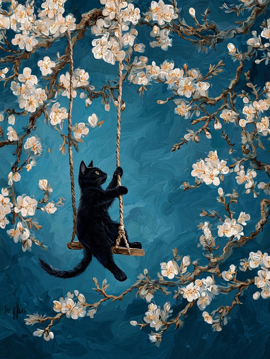 Black Cat Blossom Swing Poster. poster detail