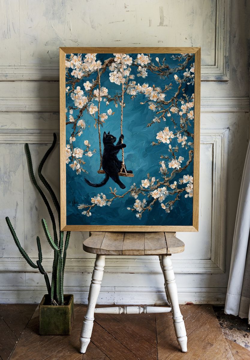Black Cat Blossom Swing Poster. room preview