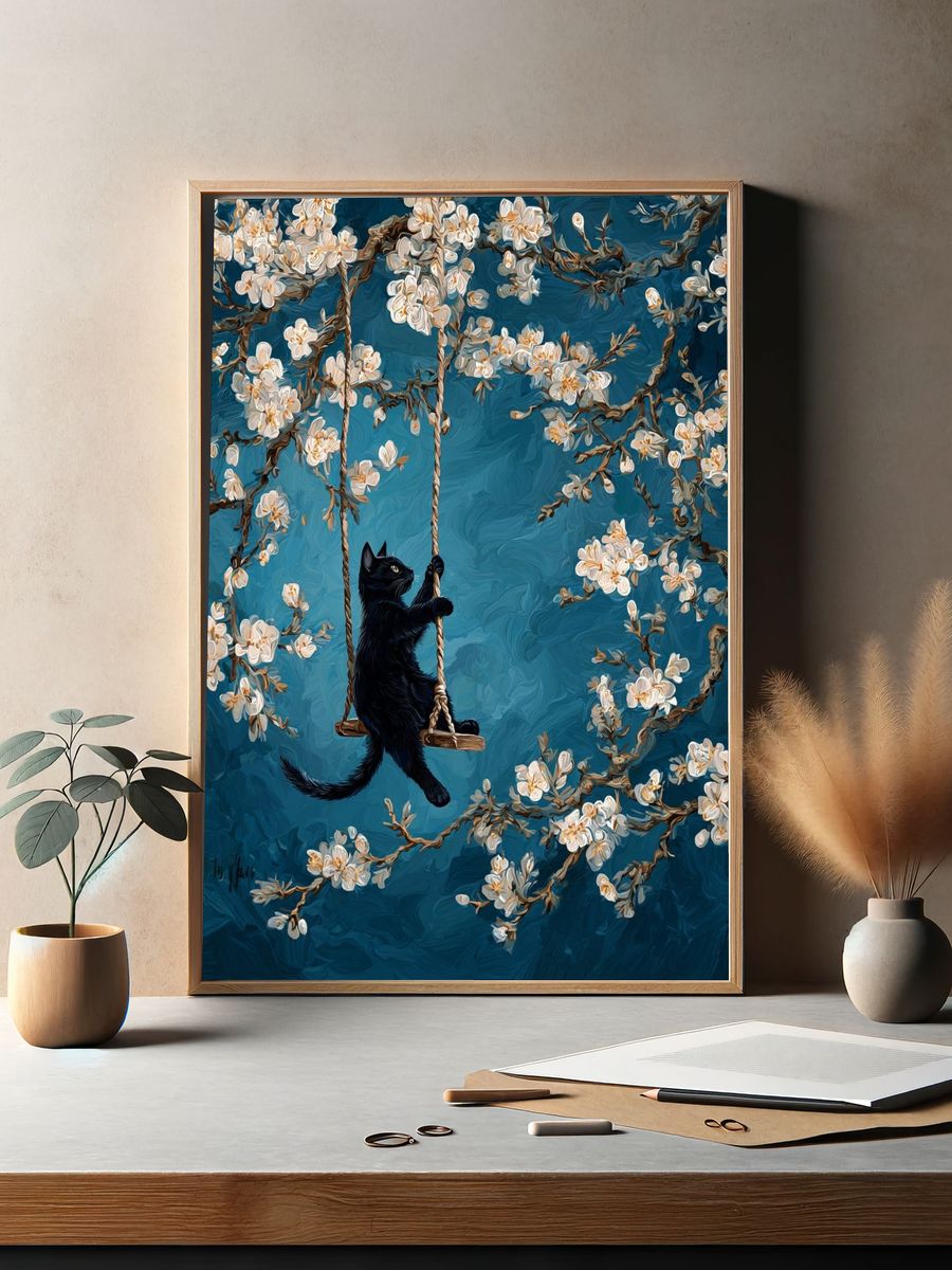 Black Cat Blossom Swing Poster. — room view 2