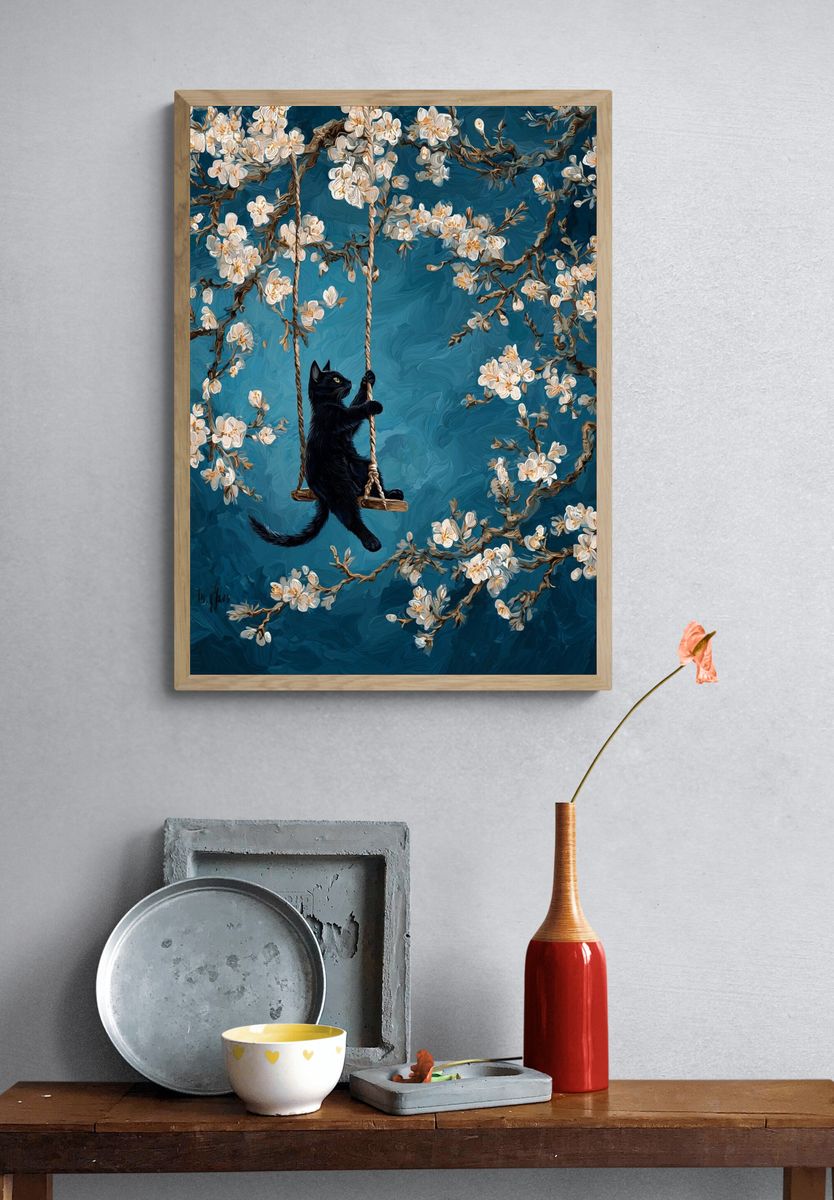 Black Cat Blossom Swing Poster. — room view 3