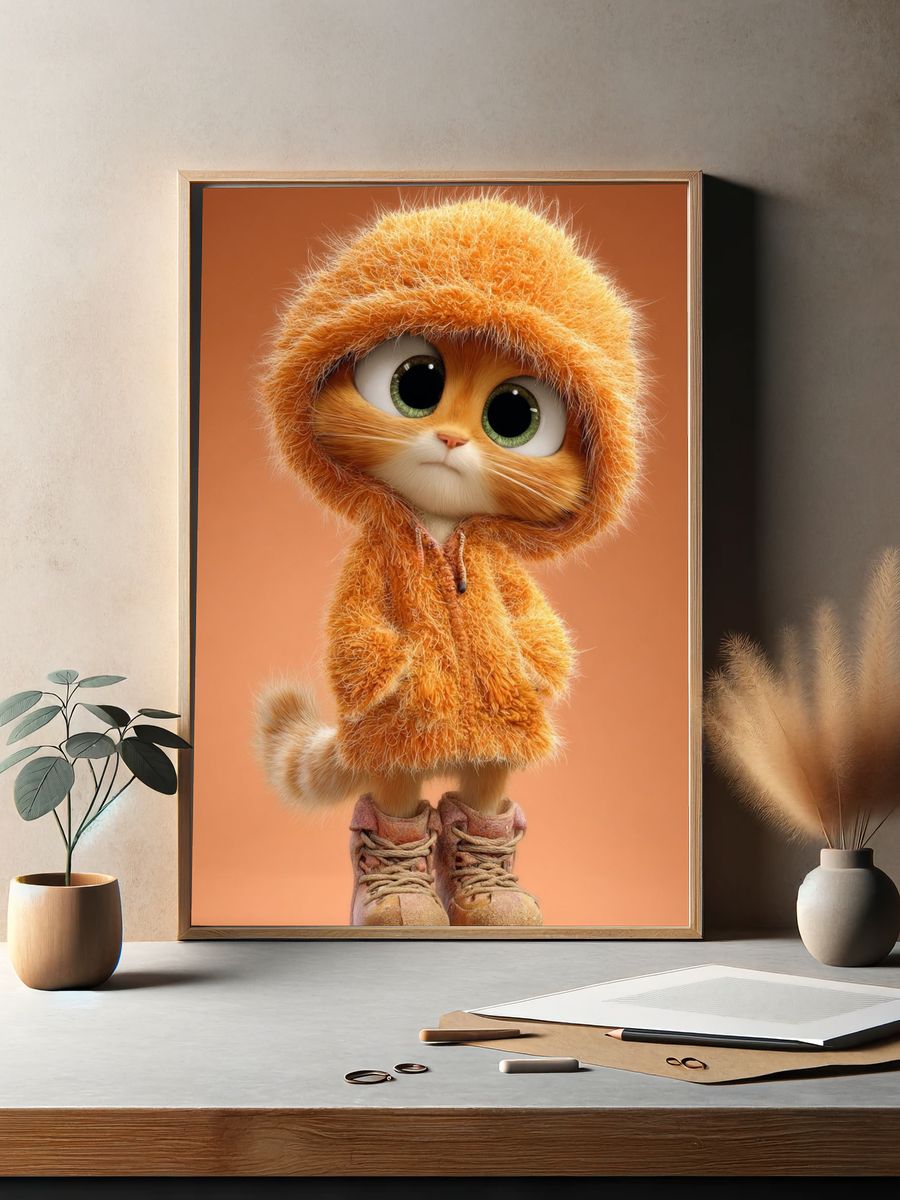 Cute Cat in Hoodie — Illustration Print. — room view 2