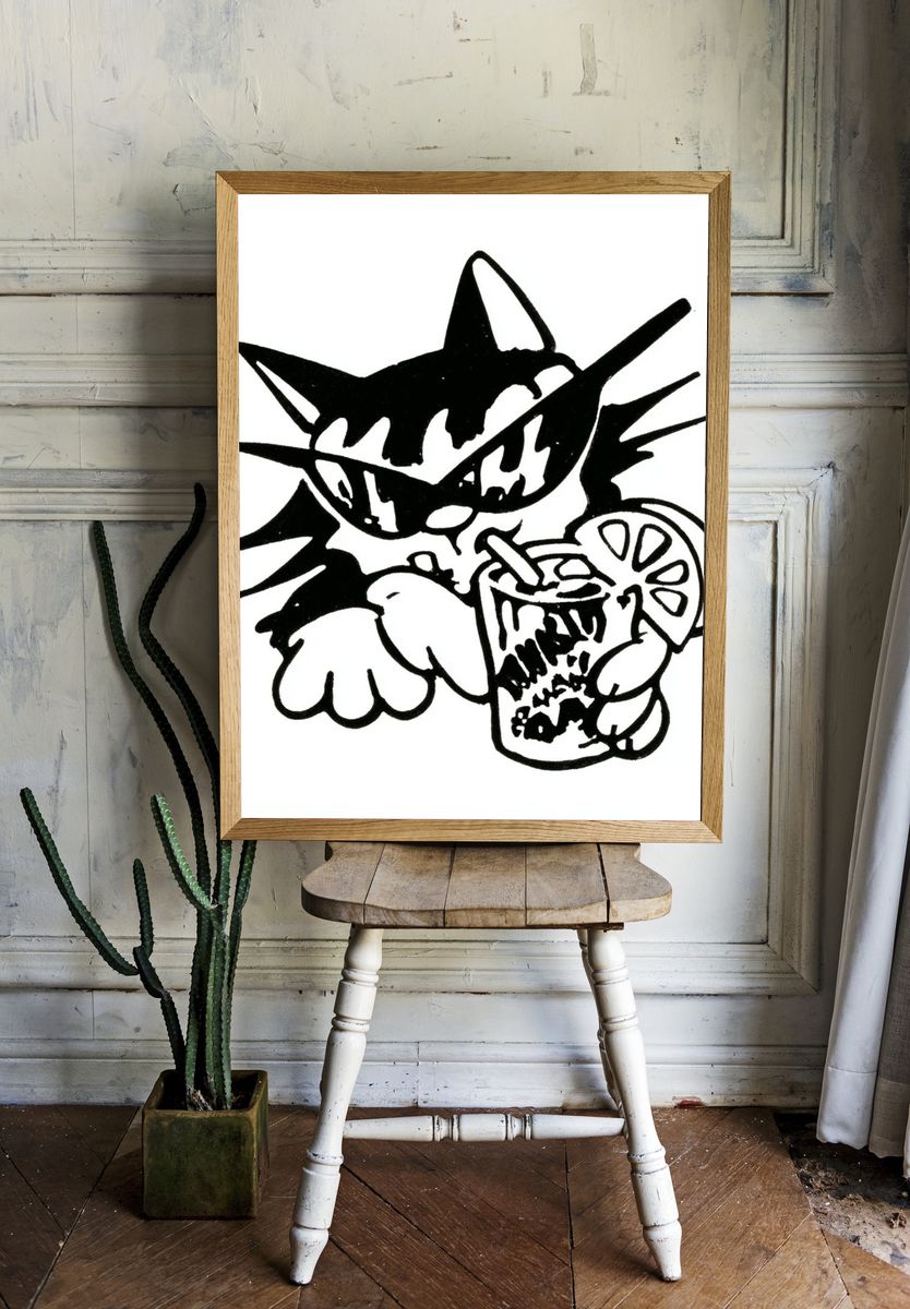 Cat with Drink Illustration Poster. room preview