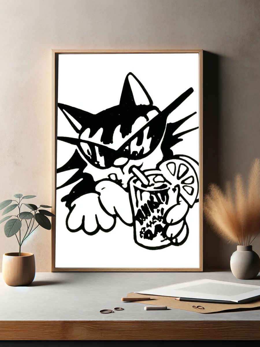 Cat with Drink Illustration Poster. — room view 2